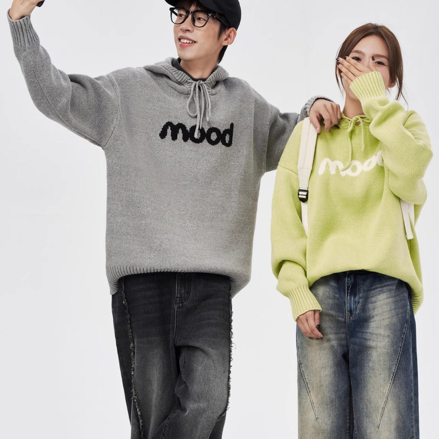 Unisex Jacquard Letter Long Sleeve Hood Sweater