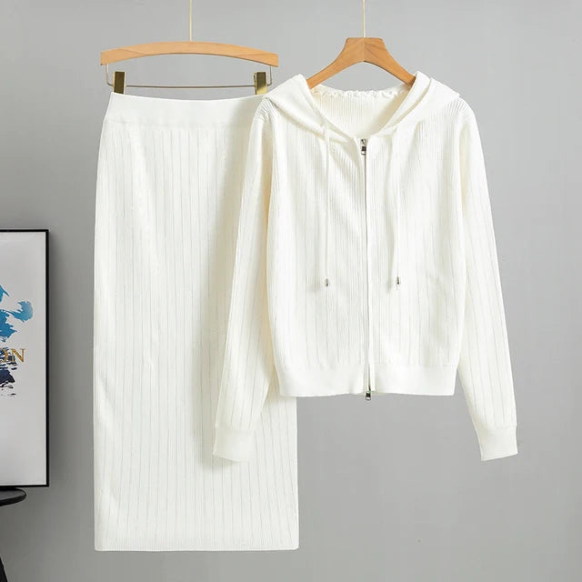 Knitted Cardigan High Waisted Buttocks Wrapped  Skirt 2 Piece Suits