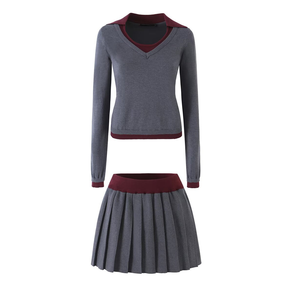 Wool Knit Top,  Pleated Mini Skirt Set