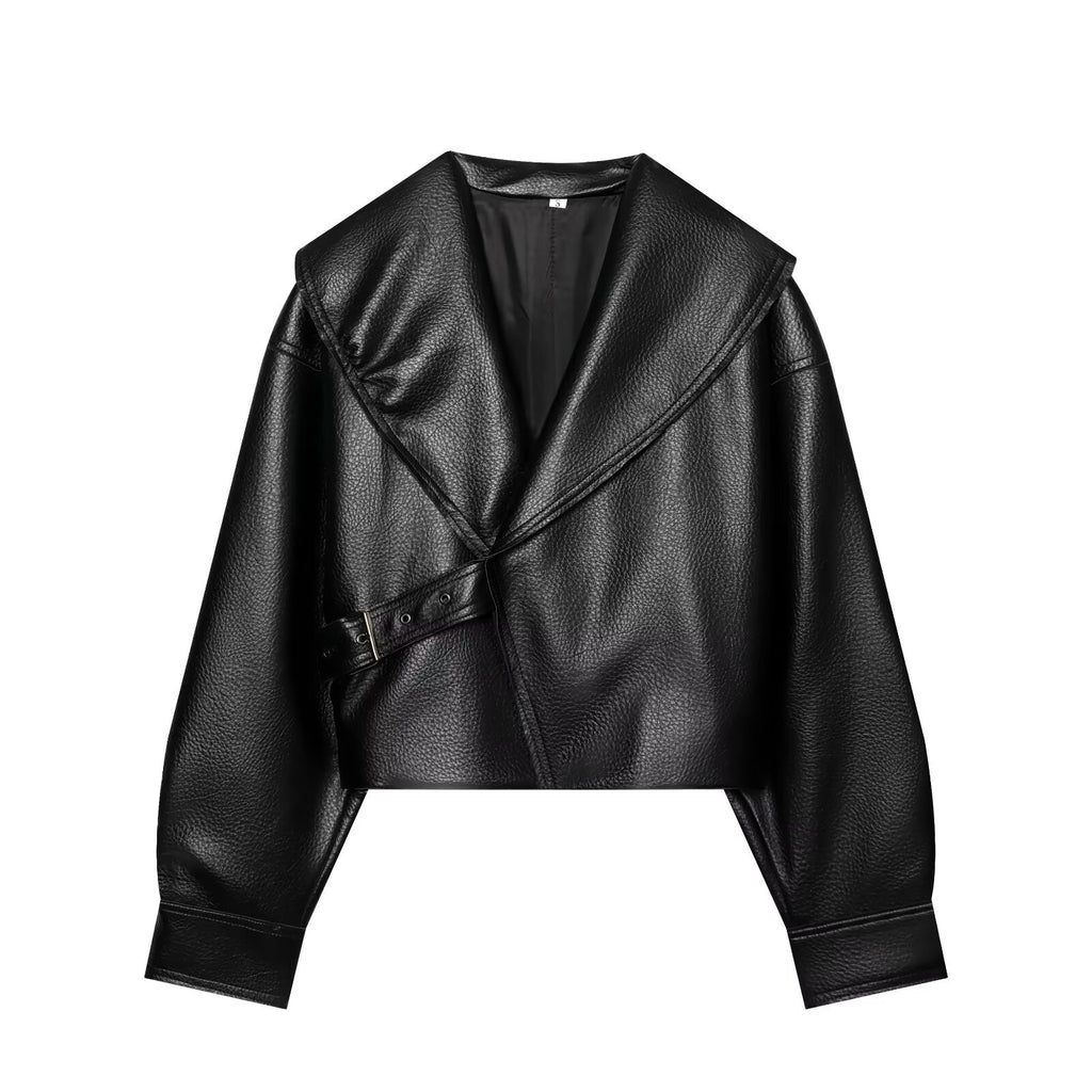 Loose one piece buckle   leather jacket for women