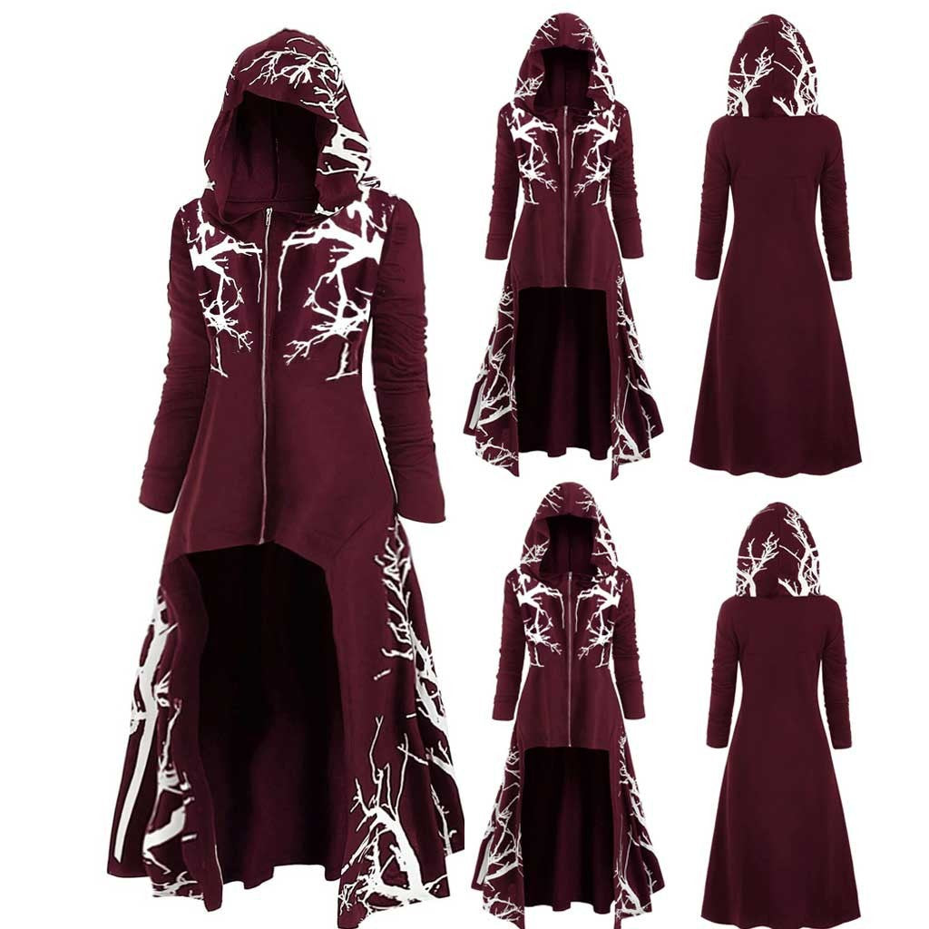 Cloak with Hood Irregular Hem Printed Long Sleeve Coat