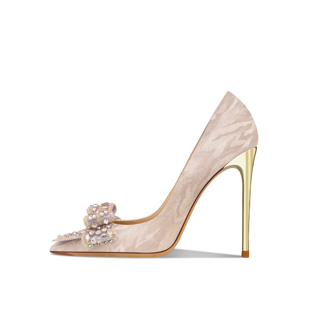 Leather Rhinestone Golden Bowknot High Heel Shoes