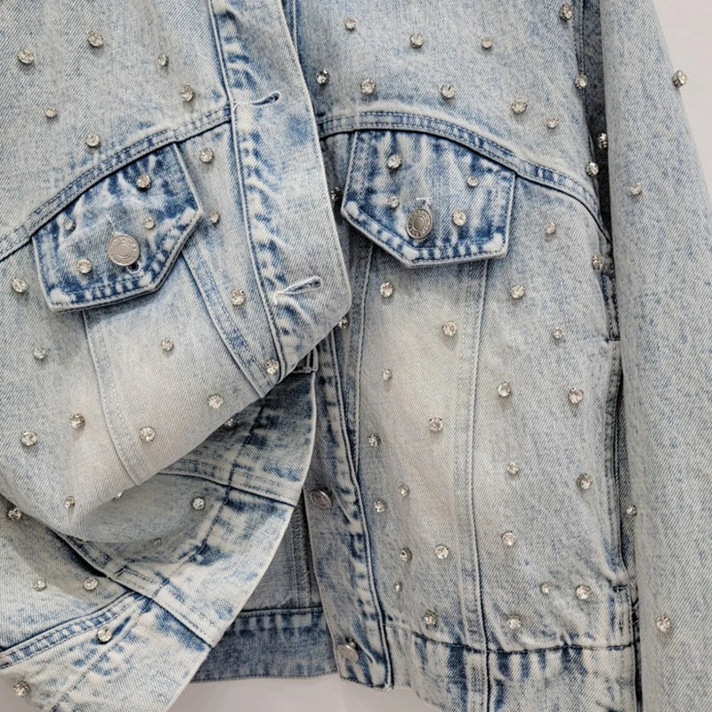Diamond Button Lapel Denim Coat High Waist A-line Skirt Set