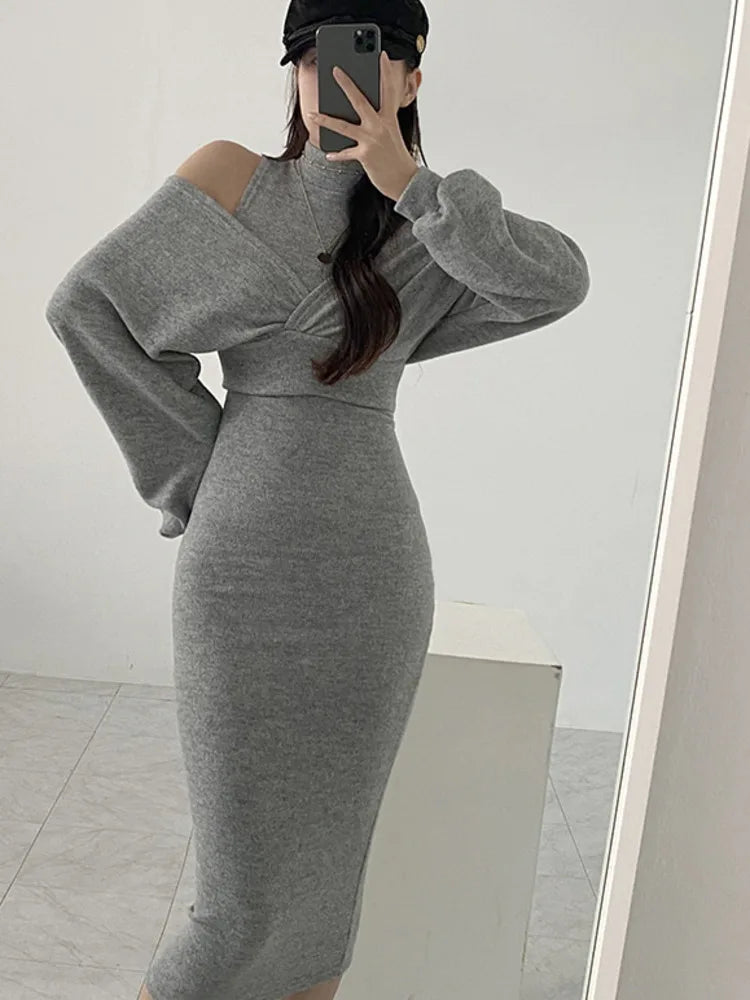 Knited 2 Piece Sets Cross V-neck Sweater+ Knitted Hip Tank Dress