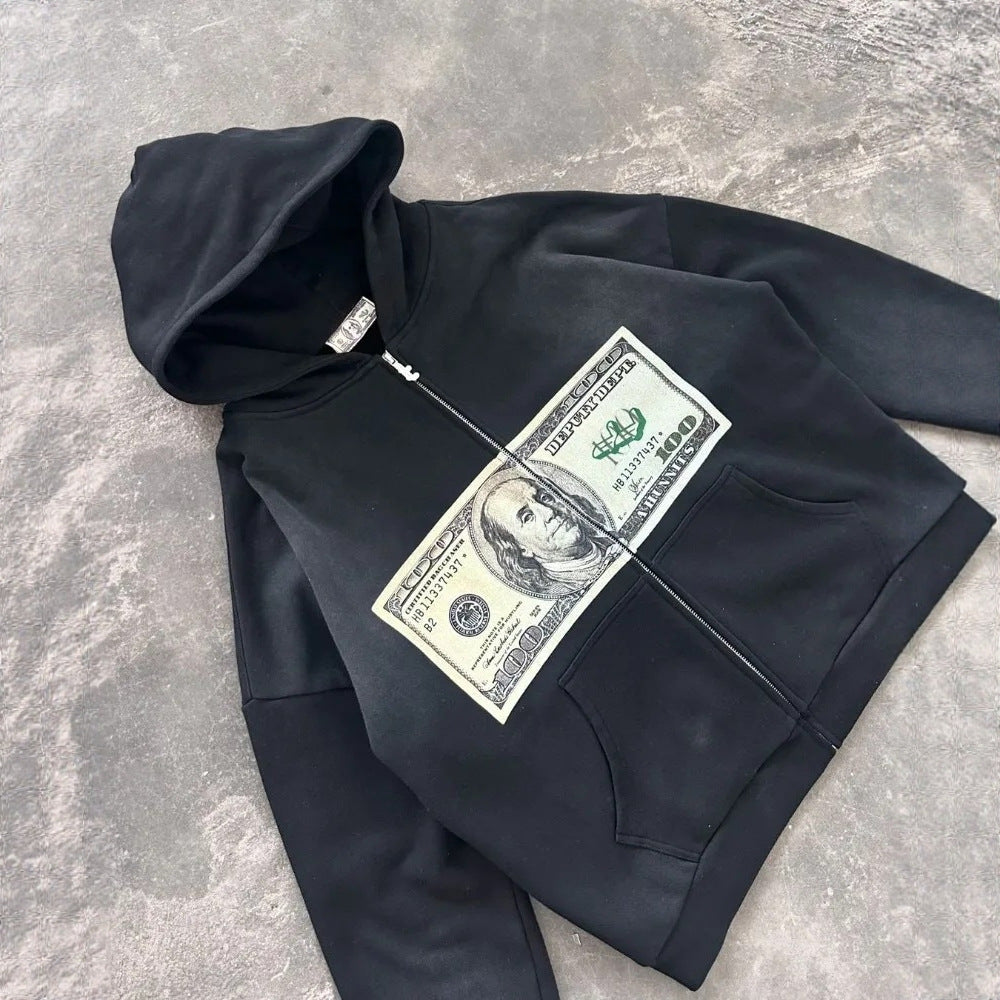 Retro Printed Zip-Up Hoodie for Men