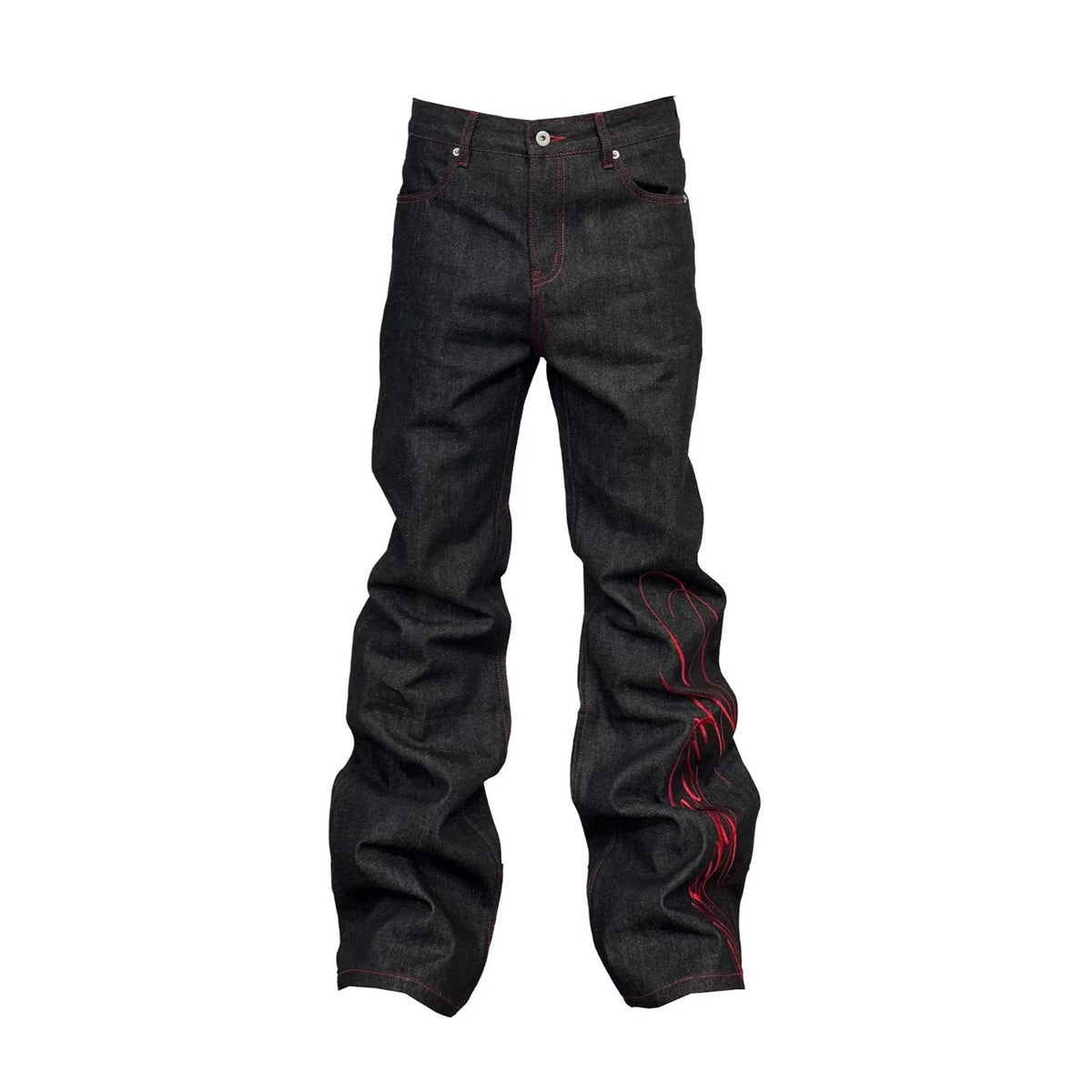 Embroidered Red and Black Flared Jeans for Men