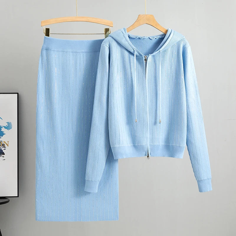 Knitted Cardigan High Waisted Buttocks Wrapped  Skirt 2 Piece Suits