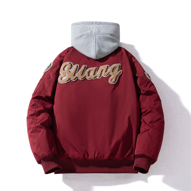 Women Towel Fleece Embroidery Padded Hooded Thick Flight Jacket
