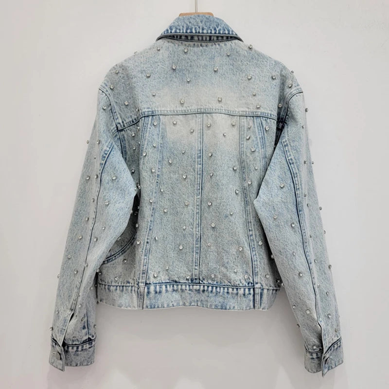 Diamond Button Lapel Denim Coat High Waist A-line Skirt Set