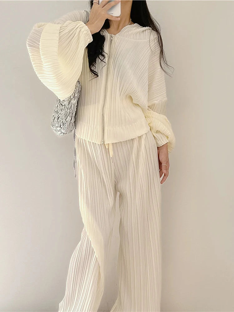 Pleated Two-piece Suits For Women V-neck Hooded Long Sleeve Jacket+High Waist Wide Leg Pants  New Tide Set