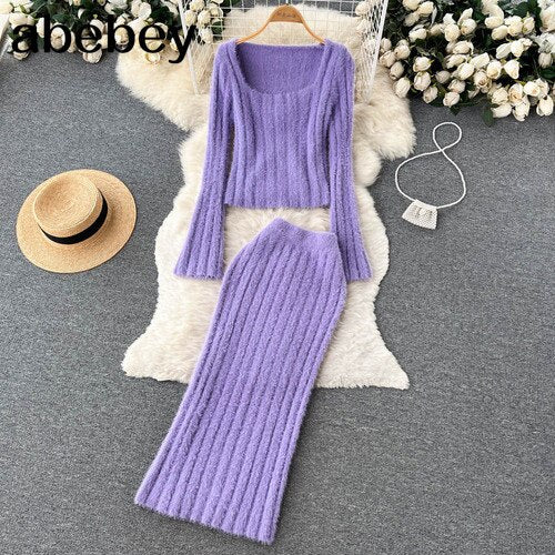 Knitted Two Pieces Suits Soft Sweater Short Top+High Waist Midi Long Skirt Suits