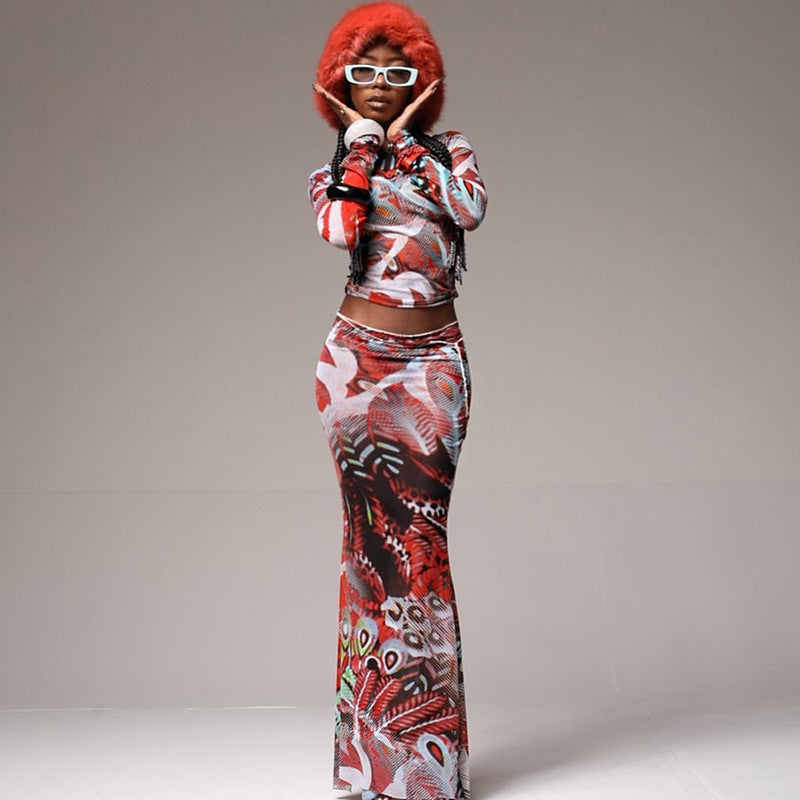 sexy mesh print see-through navel-baring long-sleeved tops and long skirt suits