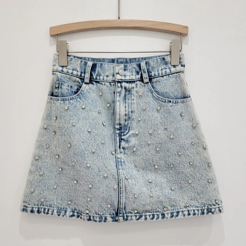 Diamond Button Lapel Denim Coat High Waist A-line Skirt Set