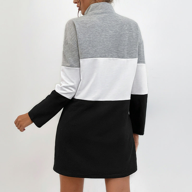 Color Block Zip Front Stand Collar Women's Sweatshirt Dress