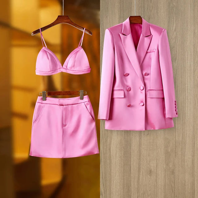 Pink Satin 3PCS Blazer Sets Elegant Mini Skirt Stunning, Top Quality