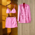 Pink Satin 3PCS Blazer Sets Elegant Mini Skirt Stunning, Top Quality