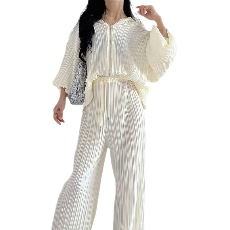 Pleated Two-piece Suits For Women V-neck Hooded Long Sleeve Jacket+High Waist Wide Leg Pants  New Tide Set
