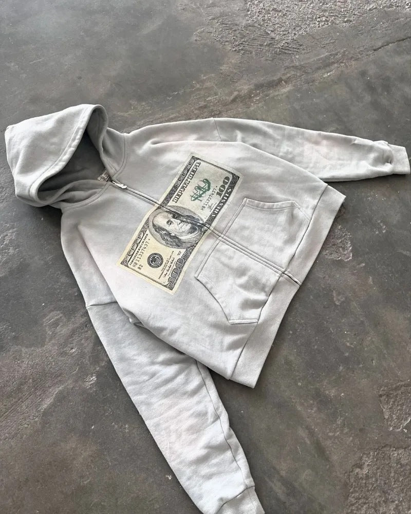 Retro Printed Zip-Up Hoodie for Men