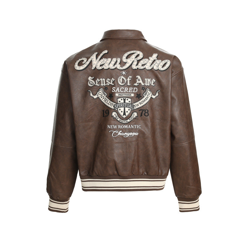 Rhinestone Embroidery  Leather Baseball Jacket for Men and Women, Loose Fit Versatile Jacket Outerwear