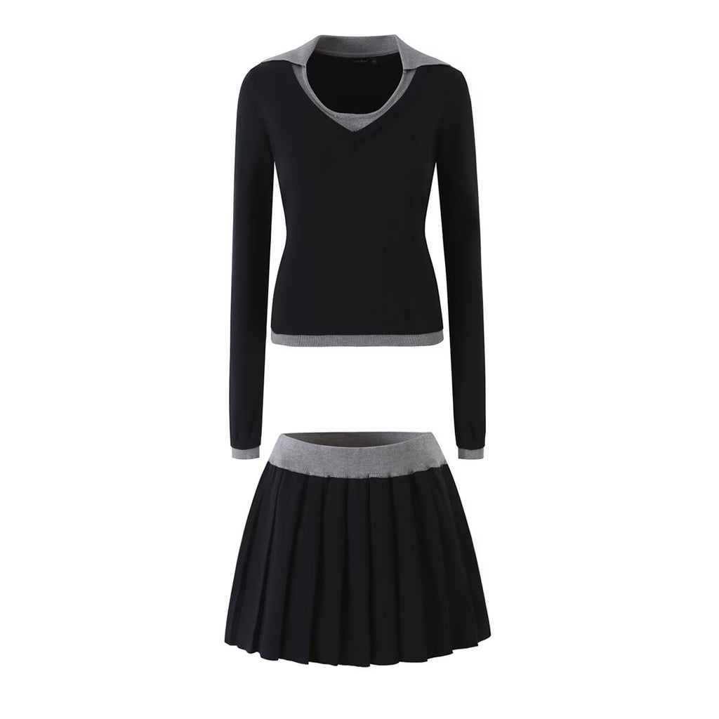 Wool Knit Top,  Pleated Mini Skirt Set