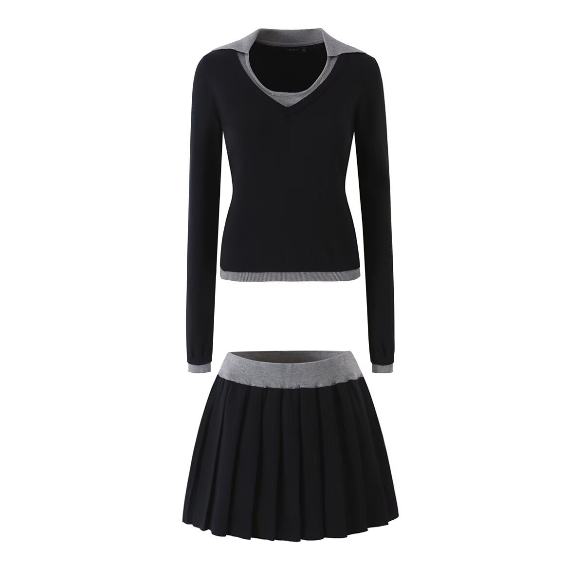 Wool Knit Top,  Pleated Mini Skirt Set