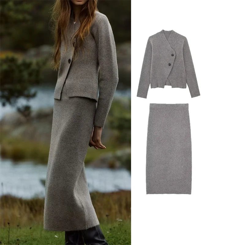 Women Knit Midi Skirt Sets For Women 2 Pieces Knit Cardigan Coats Women Suits