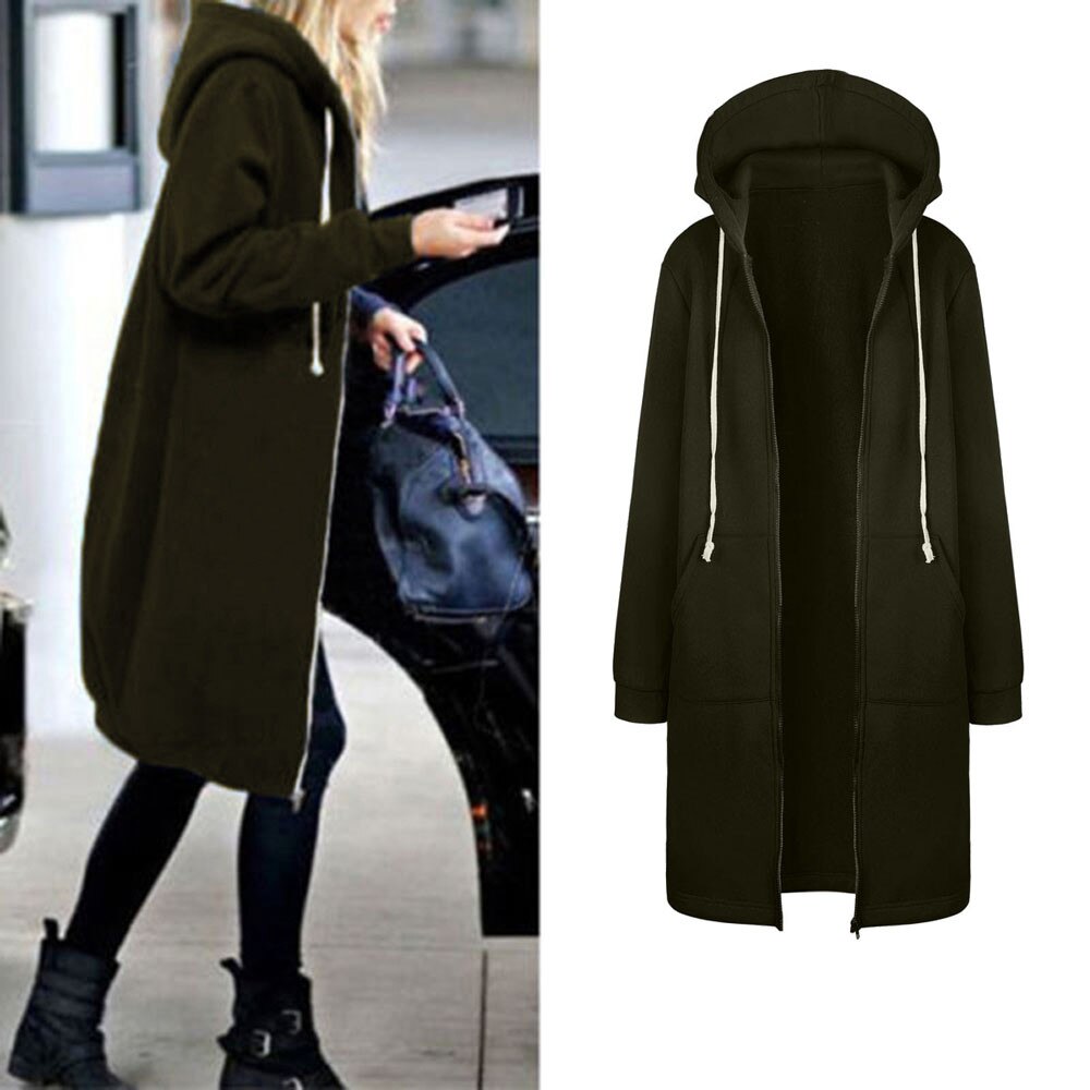 Women  Zipper Open Hoodies Sweatshirt Long Coat Jacket