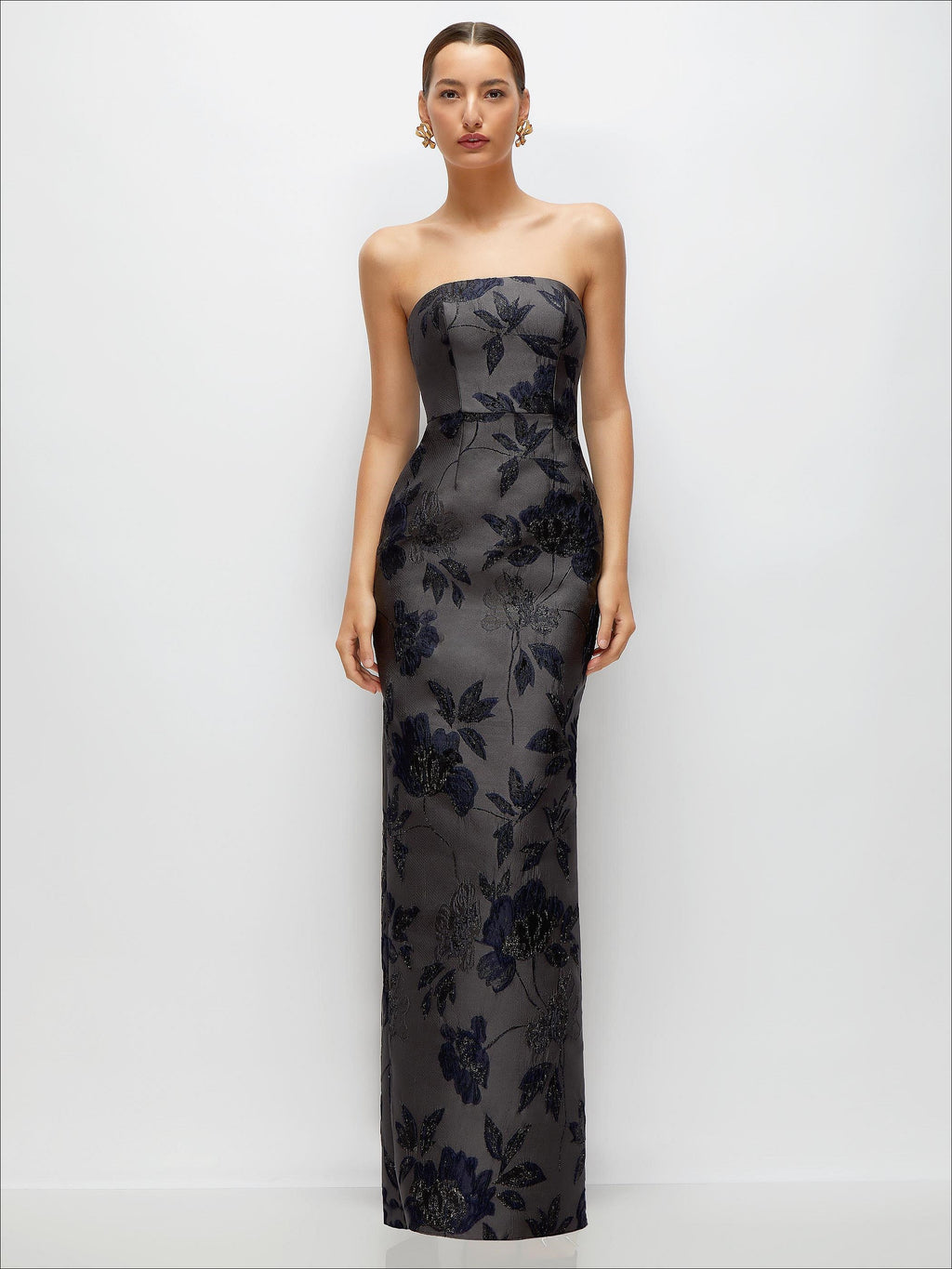 Noir Midnight Navy Strapless Floral Metallic Jacquard Column Dress with Back Slit