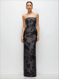 Noir Midnight Navy Strapless Floral Metallic Jacquard Column Dress with Back Slit