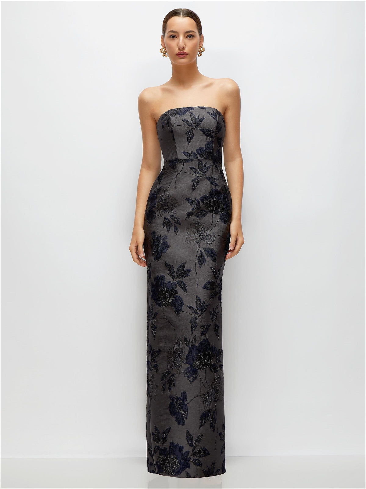 Noir Midnight Navy Strapless Floral Metallic Jacquard Column Dress with Back Slit