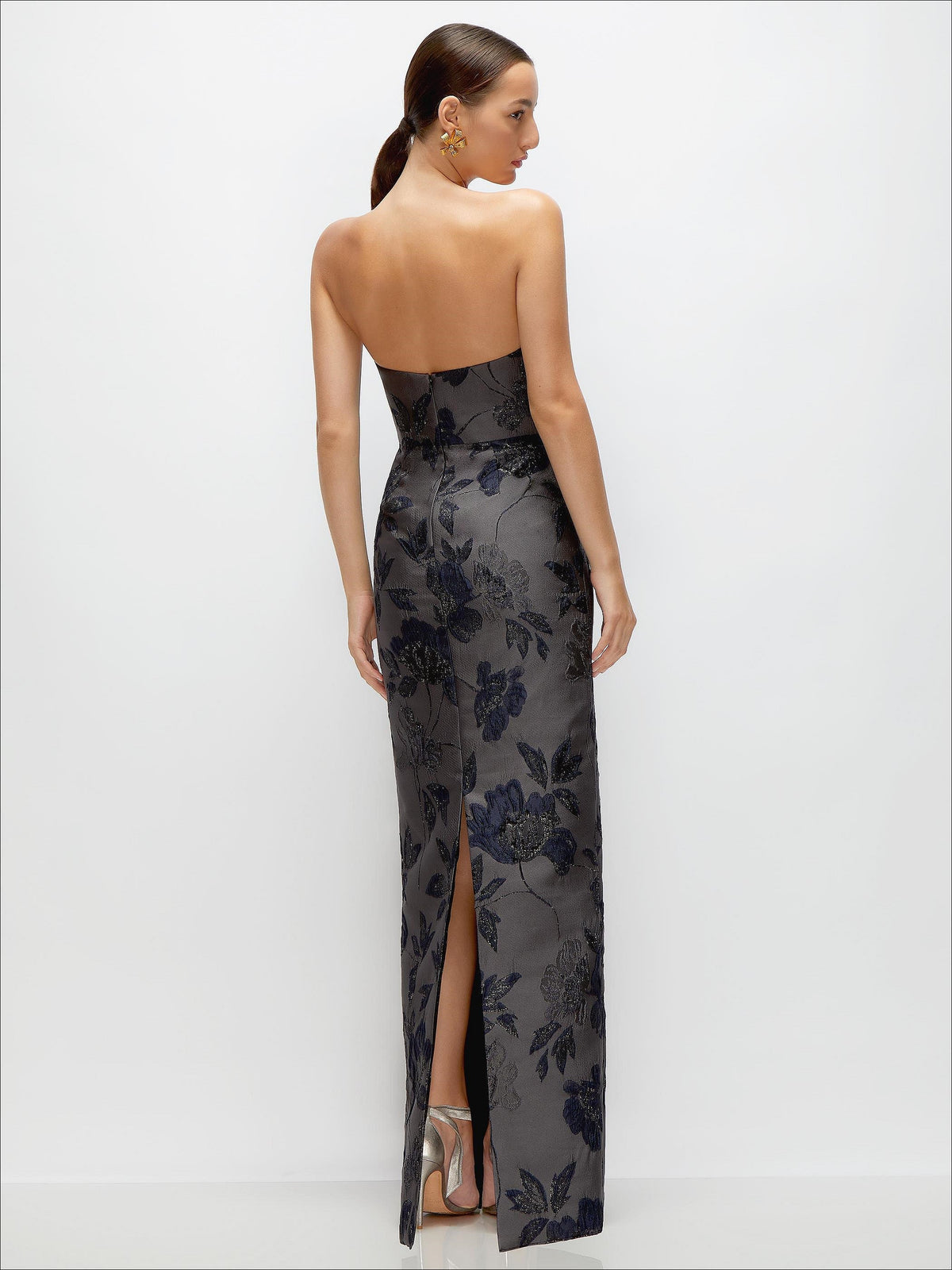 Noir Midnight Navy Strapless Floral Metallic Jacquard Column Dress with Back Slit