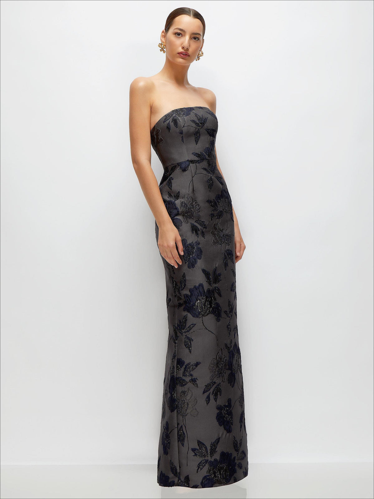 Noir Midnight Navy Strapless Floral Metallic Jacquard Column Dress with Back Slit