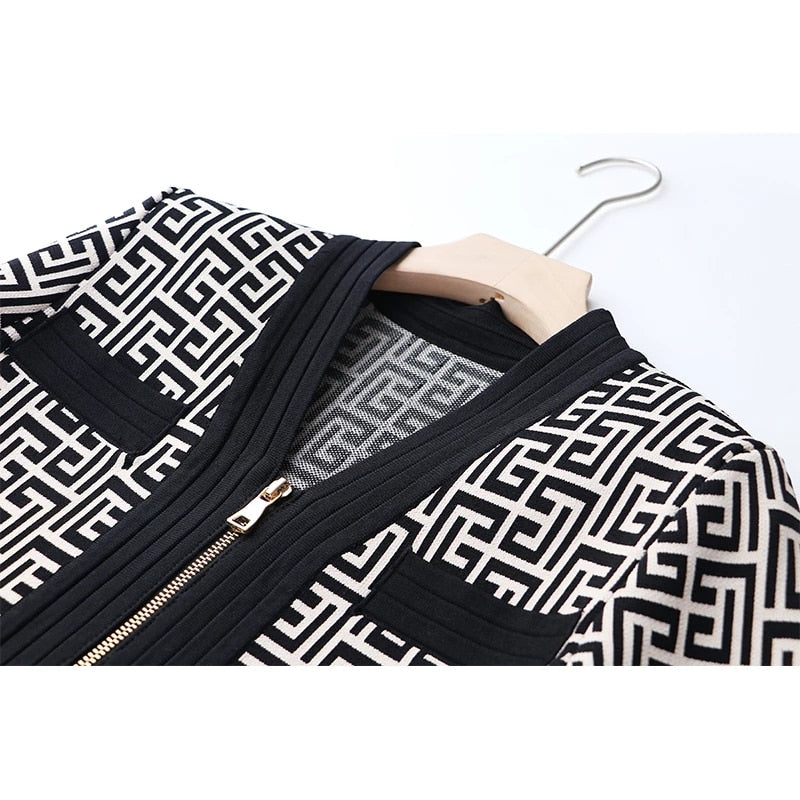 Elegant Texture Pattern Elastic Knitted Casual Women 2 Pieces Skirt Sets Sweater Jacket Suits