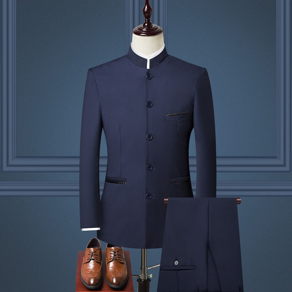 Mens Suits Set (Jacket+Pants+Vest)  Stand Collar Chinese Style Slim Fit Suits