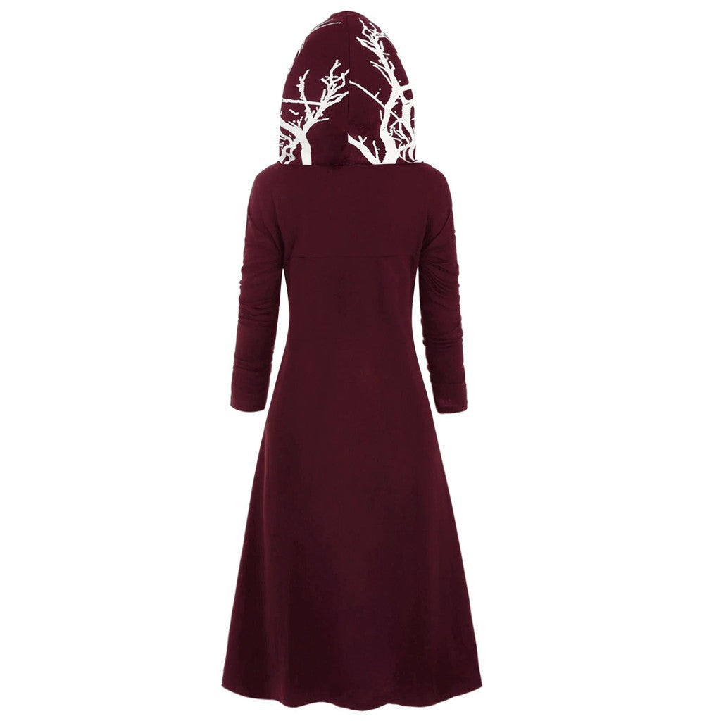 Cloak with Hood Irregular Hem Printed Long Sleeve Coat