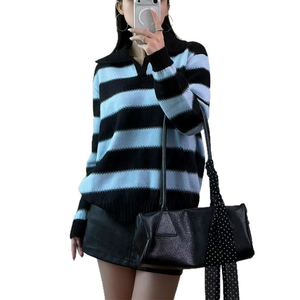 Loose collar contrasting striped pullover sweater for women