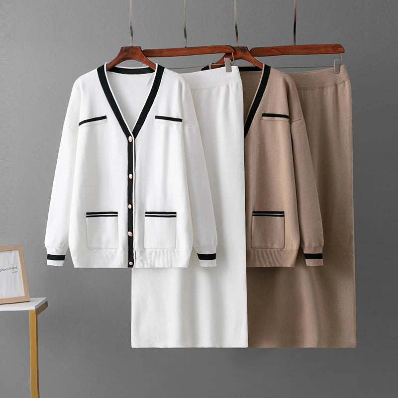 Knitted Skirt Sets, Pockets Cardigan V-Neck Sweaters Skirts Suits