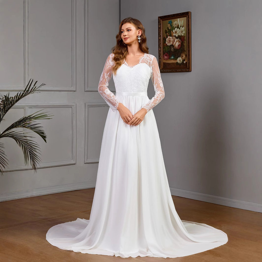 Lace long sleeve wedding bridal dress with built-in bra