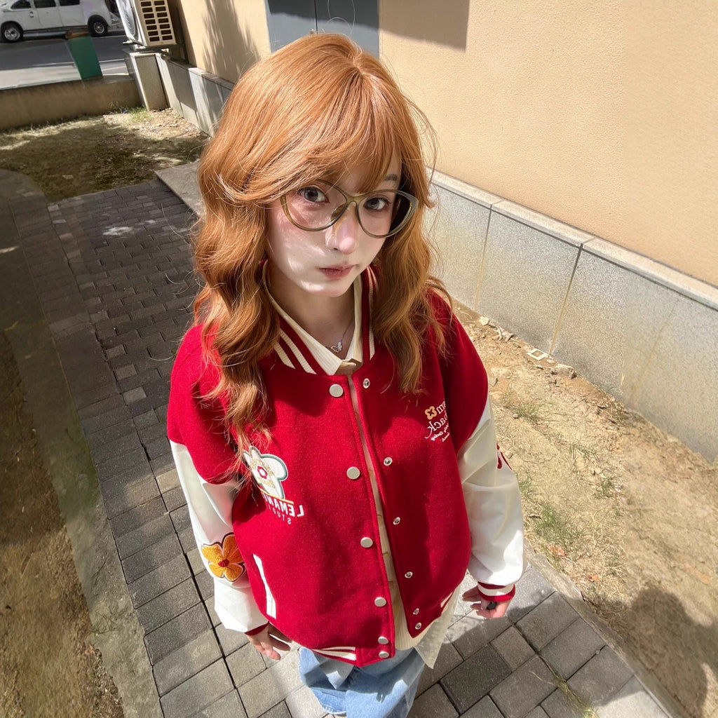 Red Embroidered Baseball Jacket for Women