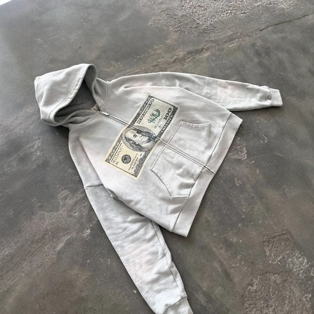 Retro Printed Zip-Up Hoodie for Men