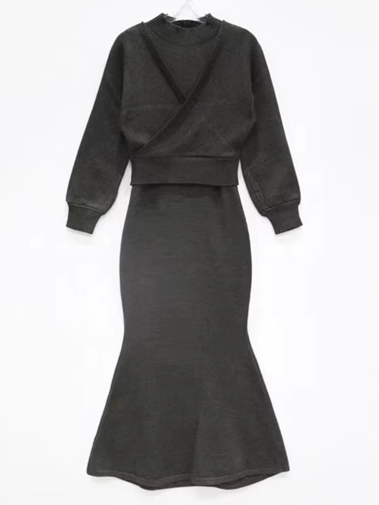 Knited 2 Piece Sets Cross V-neck Sweater+ Knitted Hip Tank Dress