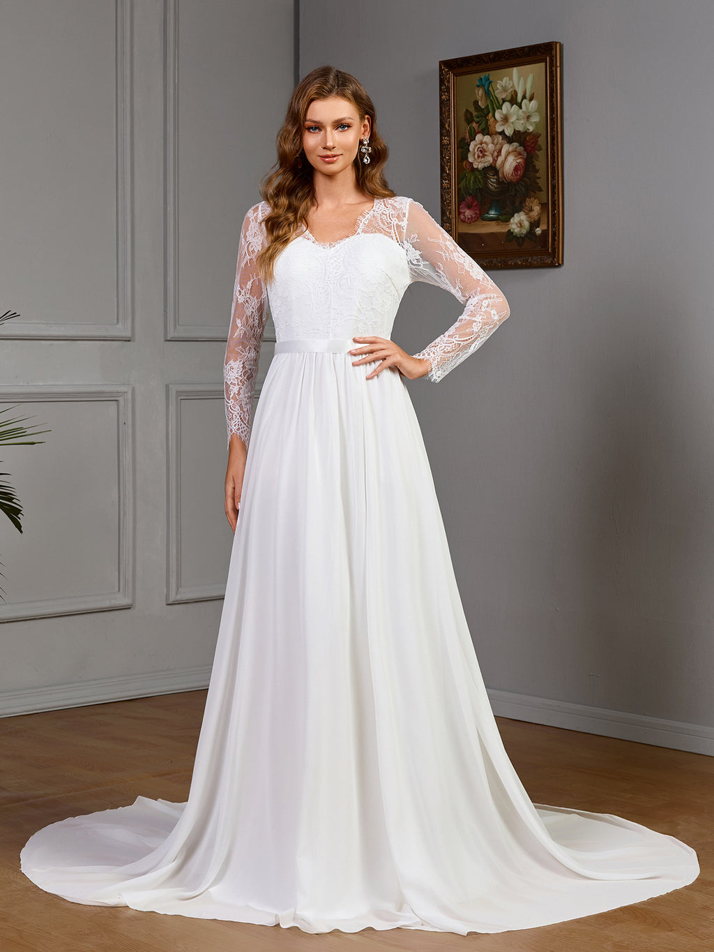 Lace long sleeve wedding bridal dress with built-in bra