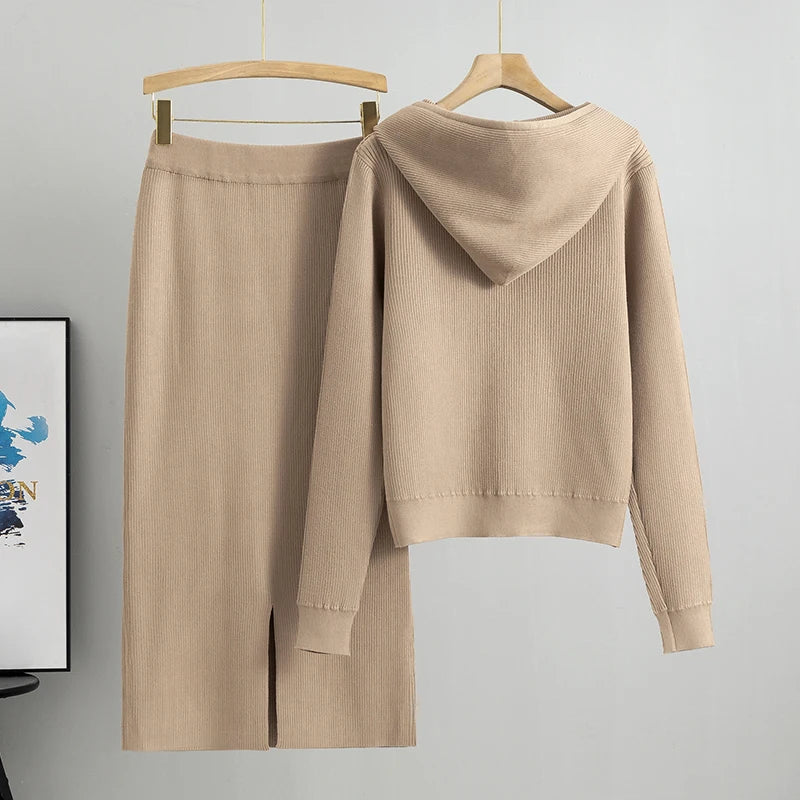 Knitted Cardigan High Waisted Buttocks Wrapped  Skirt 2 Piece Suits