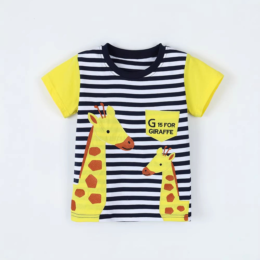 Giraffe Embroidery Kids Round Neck T-Shirt