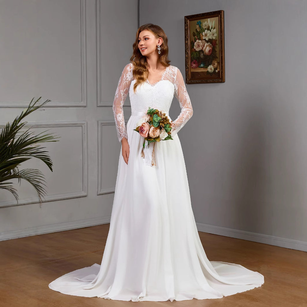 Lace long sleeve wedding bridal dress with built-in bra
