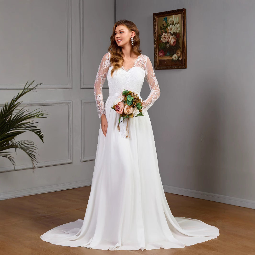 Lace long sleeve wedding bridal dress with built-in bra