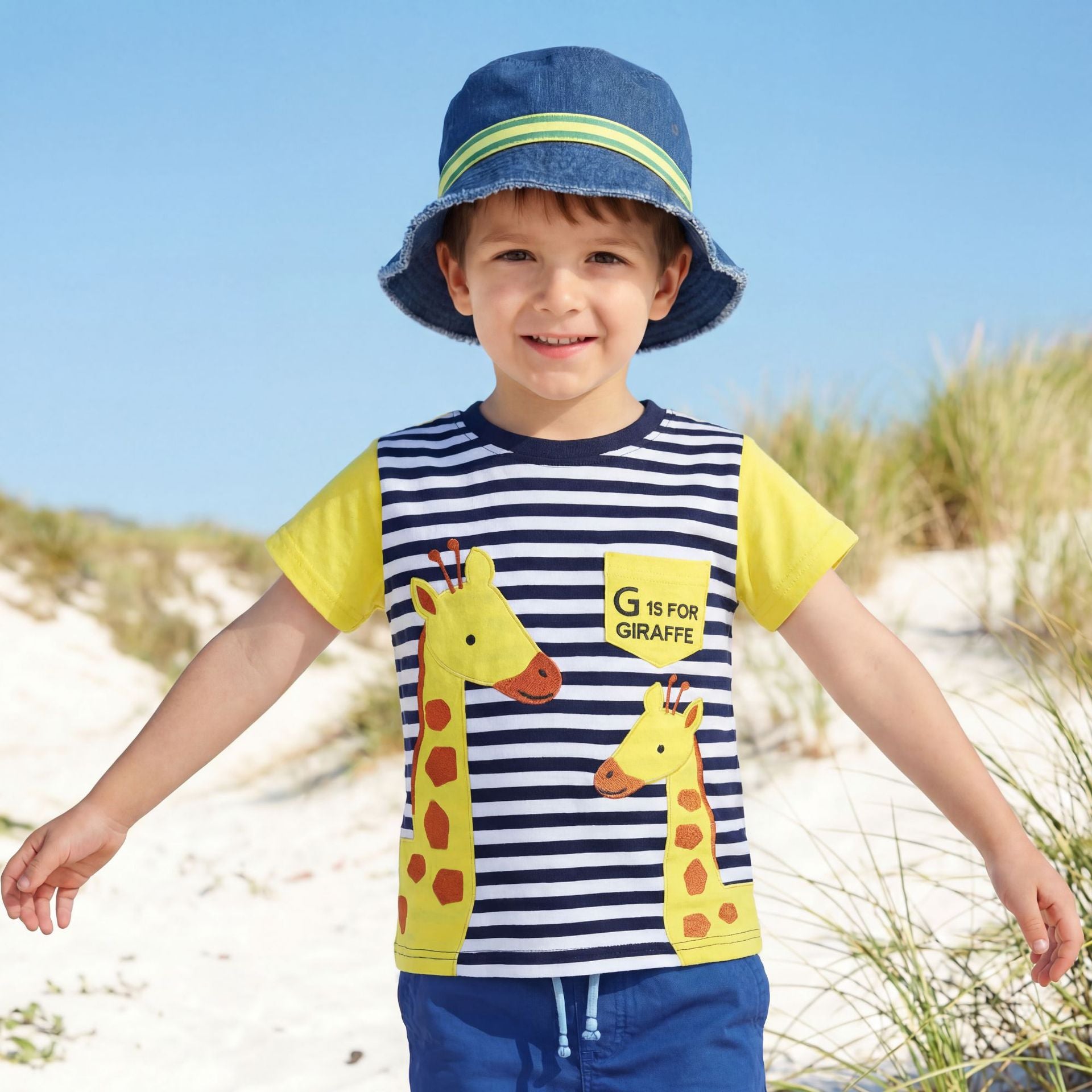 Giraffe Embroidery Kids Round Neck T-Shirt