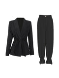 Two Piece Set Women Blazer High Waist Belt Lace-up Straight Pants Suits  New