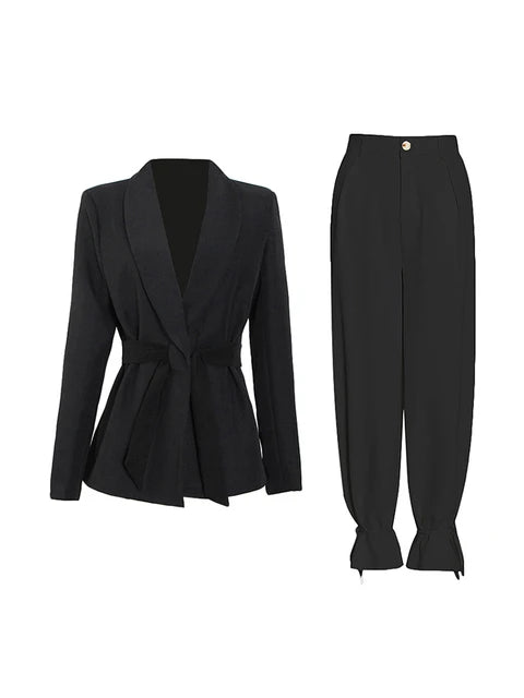 Two Piece Set Women Blazer High Waist Belt Lace-up Straight Pants Suits  New