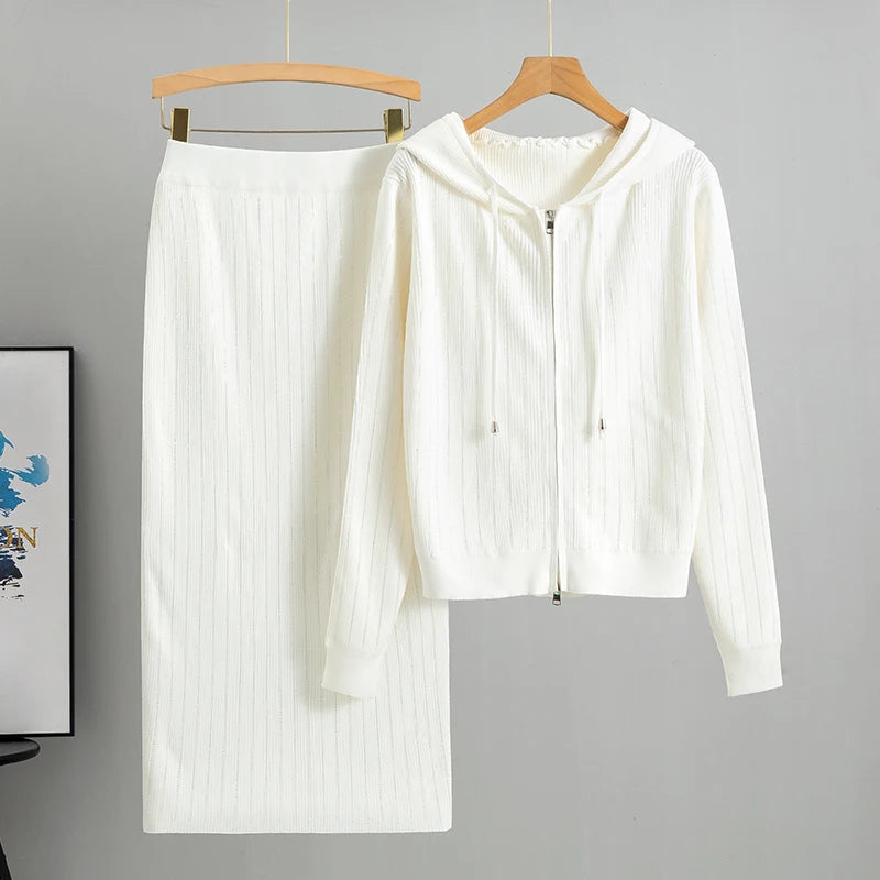 Knitted Cardigan High Waisted Buttocks Wrapped  Skirt 2 Piece Suits